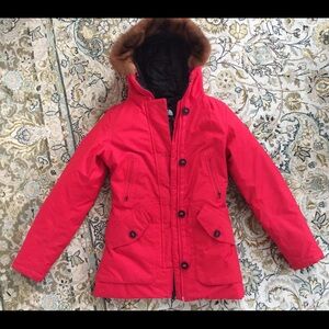 The North Face red Parka costume made real mink Brown Fur Trim XS coat jacket